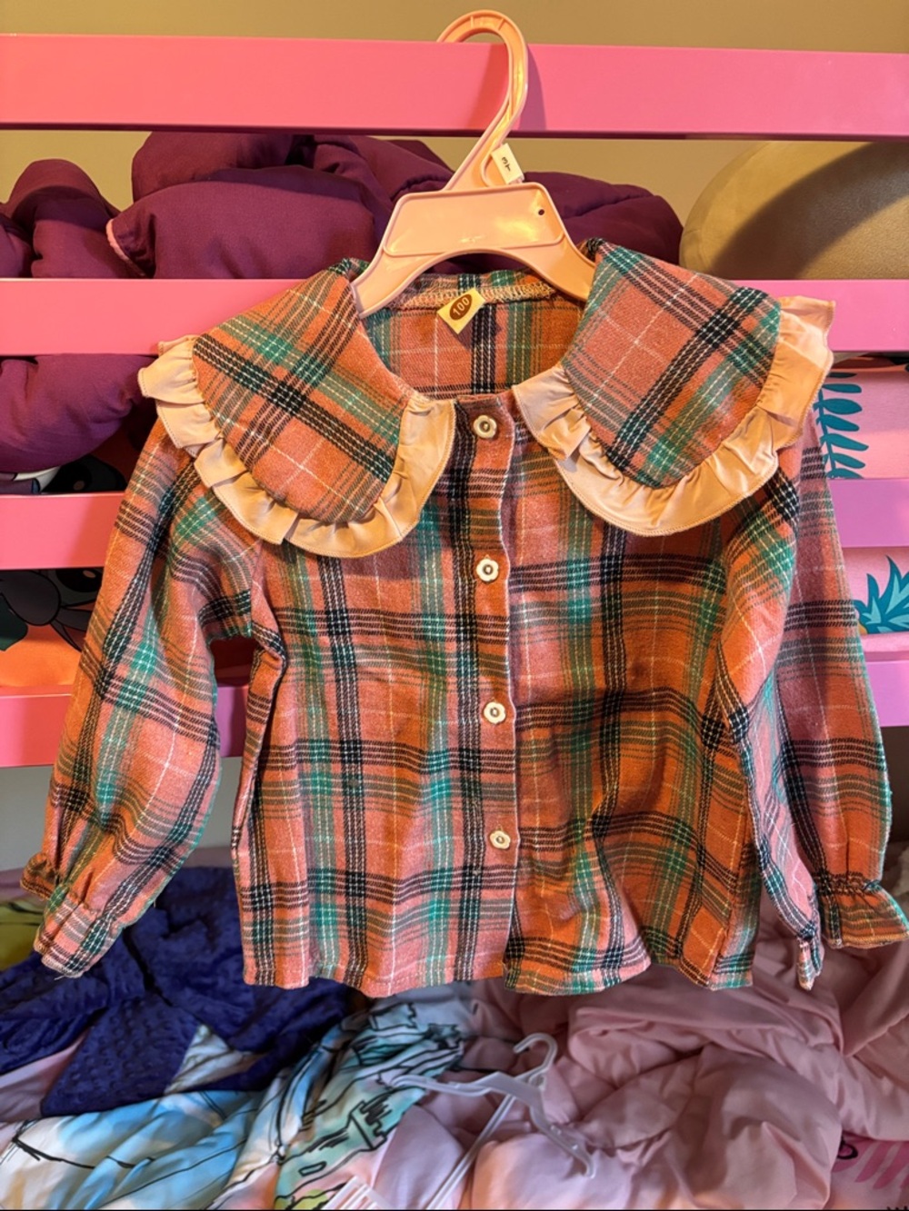 Amazon Pink and Green Plaid Ruffle Collar Button-Front Shirt